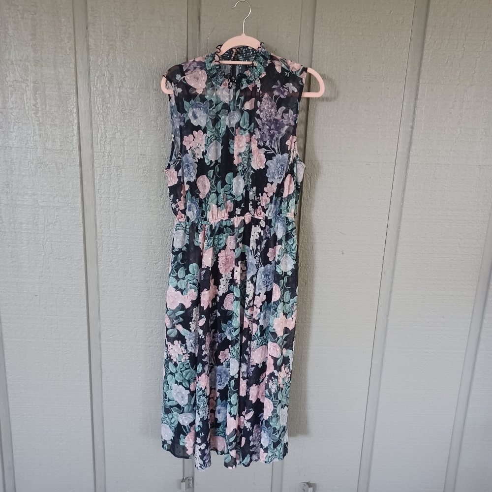 Torrid Clip Dot Floral Mock Neck A Line Dress Plus Size 1X Women Elastic Waist